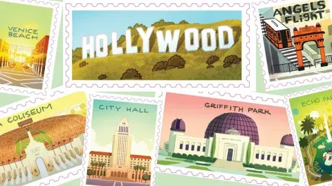 Illustrations of postcards of Venice Beach, the Hollywood Sign, Angel's Flight, L.A. Coliseum, City Hall, Griffith Park, and Echo Park