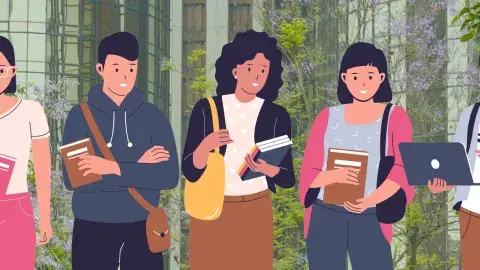 five teens holding books and a laptop in their hands while conversing 
