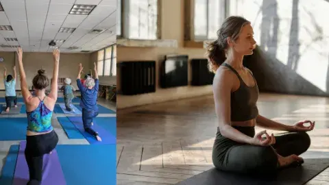 Two photos of students in a yoga class. 