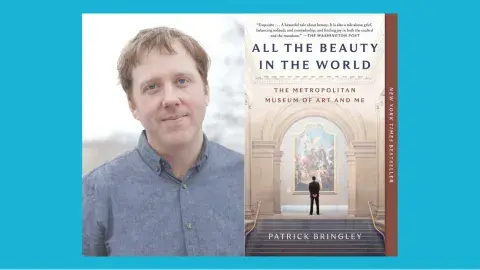 To the left is a photo of the author, wearing a blue collared shirt. To the right is the cover of the book All the Beauty in the World, featuring a photo of a man taken from the back, taken at the top of the staircase and observing a large painting.