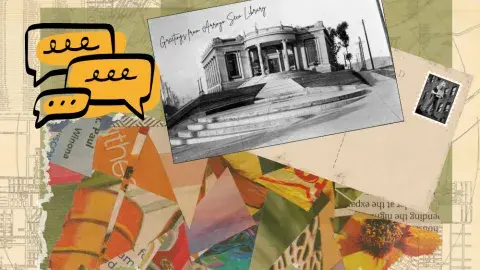 Postcards, collage, and word bubbles against map of Los Angeles