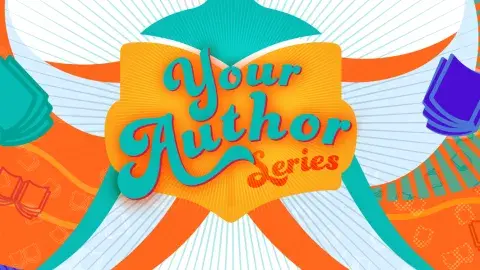 colorful text saying Your Author Series surrounded by flying books