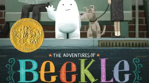 Beekle waiting at bus stop between people and dog
