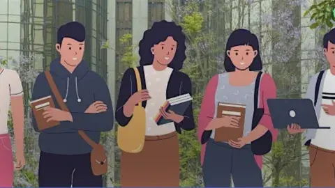 An illustration of library patrons walking with books.
