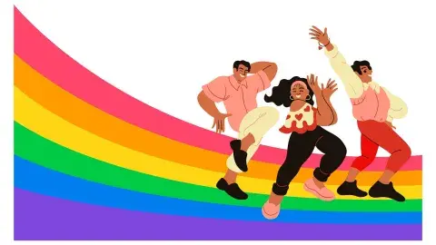 Illustration of teens posing in various dance moves with a rainbow background.