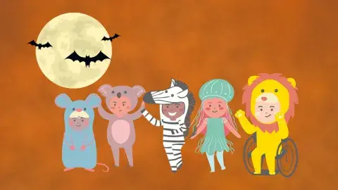 Illustration of children under a bat-silhouetted full moon; children wear costumes of a mouse, koala, zebra, jellyfish, and lion