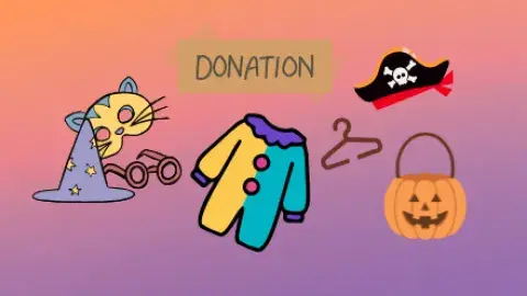 Halloween costume pieces on an orange and purple gradient background with the word "donation"