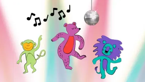 A cartoon monkey, bear and lion dance under musical notes and a disco ball with colorful spotlights in the background