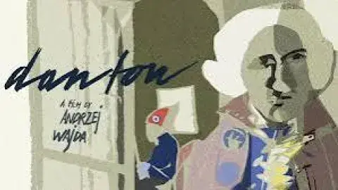 stylized, color-blocked portrait of French revolutionary leader Georges Danton. He is depicted with white hair, an intense facial expression, and a high-collared coat detailed with a French revolutionary tricolor cockade.