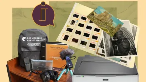 Folder, scanner, and recording equipment on book cart against olive green and cream background.