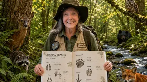 A person wearing a nature vest and hat and holding up a book with animal tracks drawn on it.