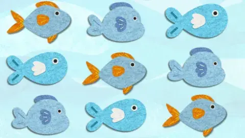several blue fish, in three different shapes, swim in a repeating pattern