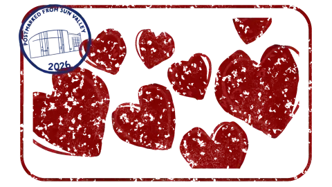 Sun Valley stamp postmark in left corner with 7 red stamped hearts