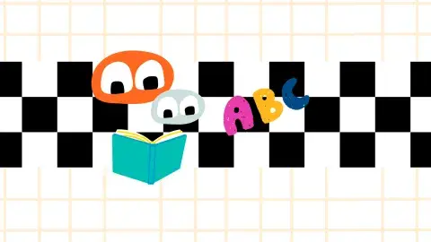 Blue and orange googly eyed figures, a book, and the letters A B C on a checkered background