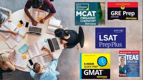 Five adults seated at a round table. Books are open and laying flat on the table. Test book titles including the MCAT, GRE, LSAT, GMAT, and TEAS exam are located to the right of the table with adults.