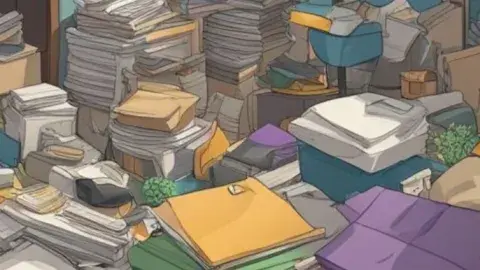 Drawing of piles of papers and files.