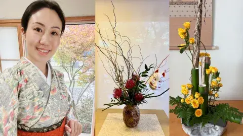 A woman in Japanese Kimono smiling; Ikebana of red flower with a fox mask; Ikebana of Yellow flowers with green bamboos, etc.s