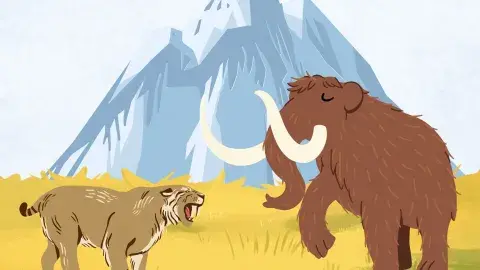 Two ice age mammals, standing on dry grass and ice mountain. 
