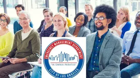 Adults of various ages and ethnicities seated listening to a lecture. The logo for the City of Los Angeles Emergency Management Department is included.