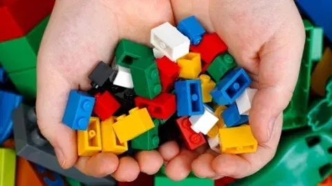 Child holding toy building bricks in their hands.
