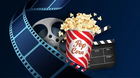popcorn, film, movie clapboard