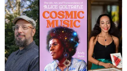 Author Andy Beta is outside wearing a cap. His picture is next to the cover of Cosmic Music which depicts Alice Coltrane with star-like illustrations over her. To the right is author Harmony Holiday, holding a poetry journal that she has contributed to.
