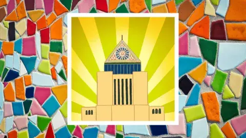 A drawing of Central Library's Tower against a colorful mosaic background