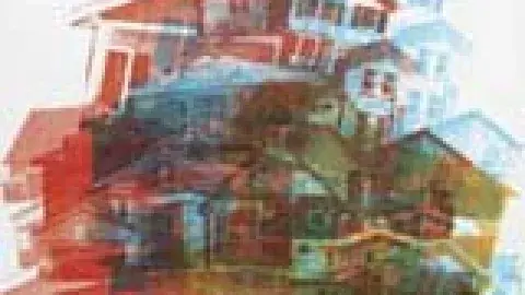 Illustration of homes meant to look as if they are shaking.