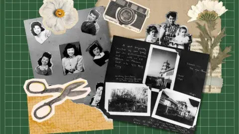 Scrapbook pages, photographs, and scrap ephemera against green grid background