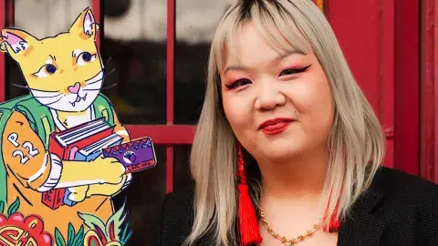 Artist Brenda Chi and a drawing of hers