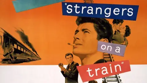 Original film poster from 1951, features drawn images from the film of train tracks, men struggling, a man and woman in a clinch