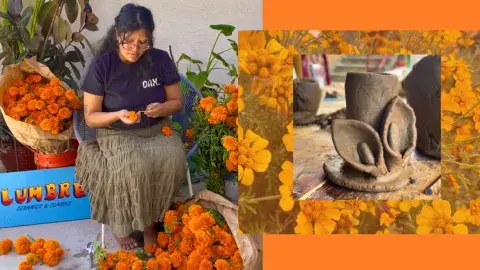 Person working with flowers next to image of a clay candle holder