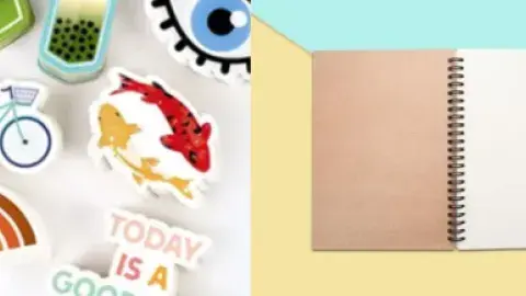 On the left, it displays a mix of fun, and colorful stickers. On the right, it shows a plain spiral notebook, ready to be decorated.