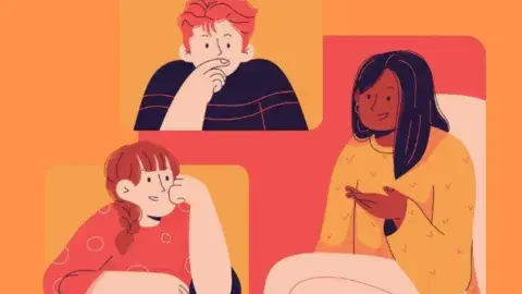 An illustration of three teens talking.