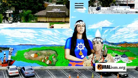 mural of two Tongva women with village background