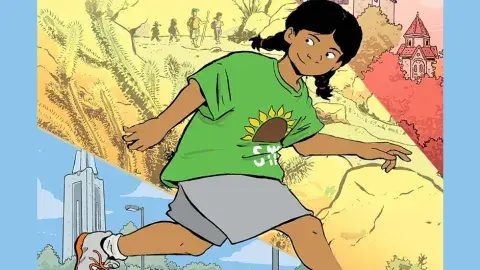 illustration of young person walking with collage of city and rural settings in background
