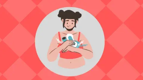 cartoon girl holding menstrual products