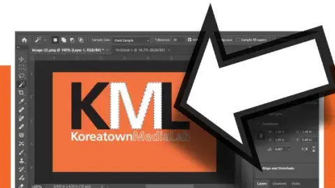 The Koreatown Media Lab Logo in a Photoshop interface with the M selected and a giant cursor hovering over it