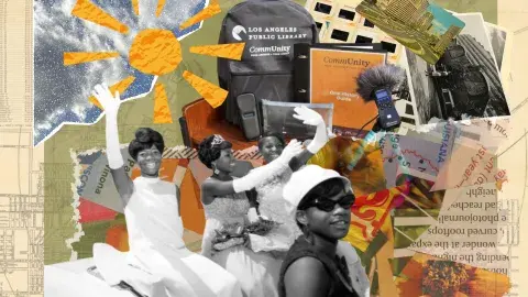 three women from 1967 Watts Summer Festival on collage background.