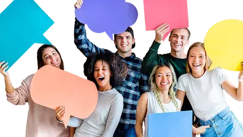 A diverse group of young adults holds up brightly colored signs