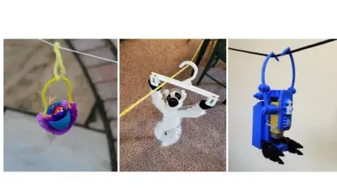 rabbit, monkey and blue plastic toy hanging from zip line