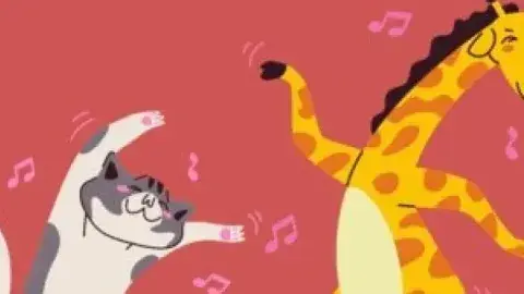A cat and giraffe dance to the storytime beat