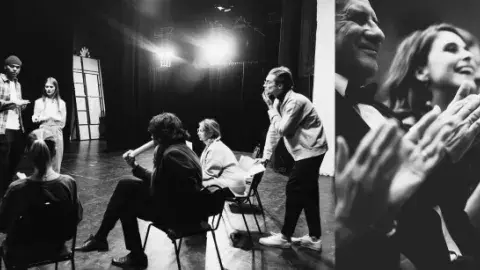 two photos - one of people in a circle reading plays and one of people clapping