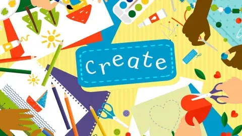 A brightly colored illustration featuring a table and craft supplies, including four set of hands. The word "create" is featured in the center of the illustration.