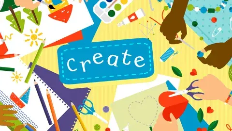Word "Create" in the center. A top view table with hands cutting paper, painting, sketching and creating.