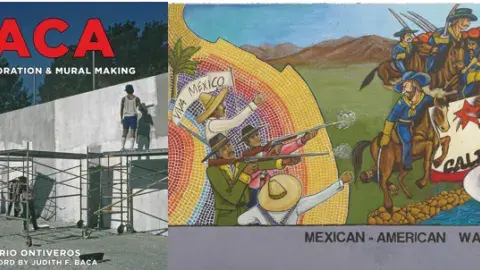 Bookcover of Baca, alongside a photo of a section of The Great Wall of Los Angeles