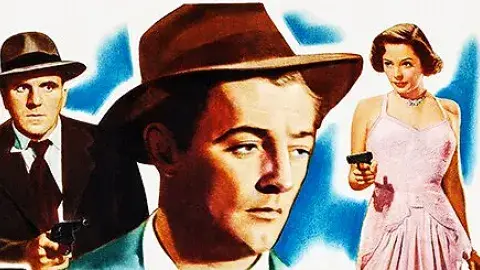 The protagonist is in the center. To the left is a man and to the right a woman both holding guns at him.