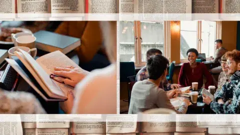 two photos showing people holding and discussing books with a multi book background