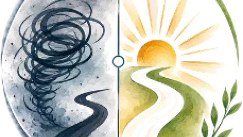Illustration of a winding road moving from darkness to light