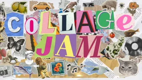 collaged artwork with the text "collage jam" overlayed.